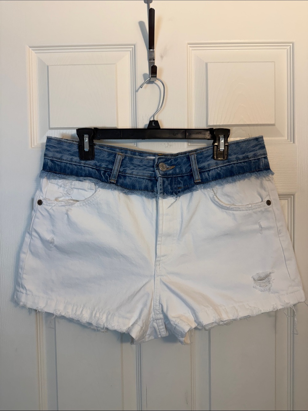 Zara White Shorts with Blue Denim Waistband